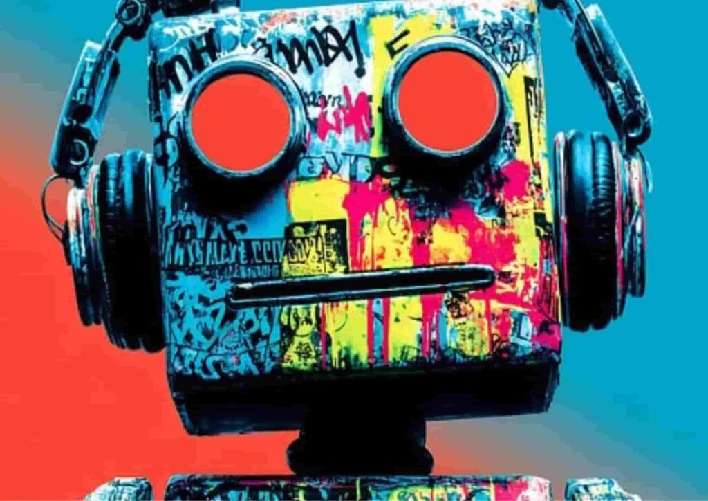 Colorful robot head adorned with graffiti, featuring vibrant red eyes and headphones, against a gradient blue background.