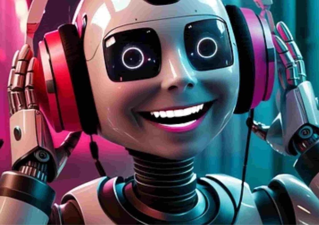 A futuristic robot wearing large pink headphones, with metallic arms poised at the ears, surrounded by neon lights.