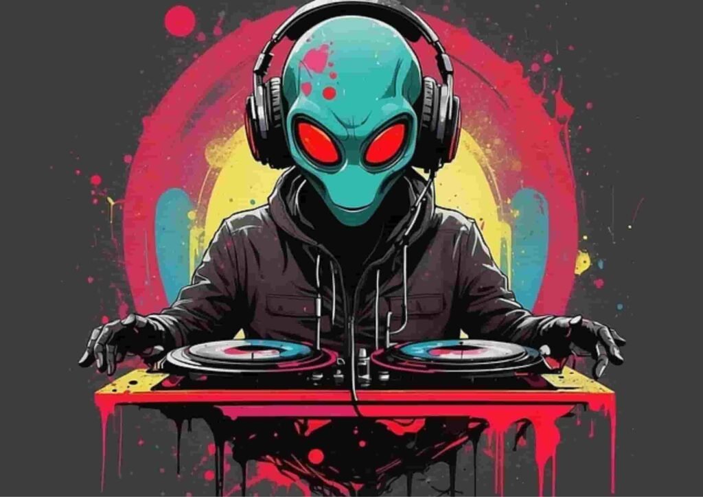 An alien DJ with a turquoise head and glowing red eyes wearing large black headphones, mixing tracks on a red turntable — visual representing the future of AI music video generators.