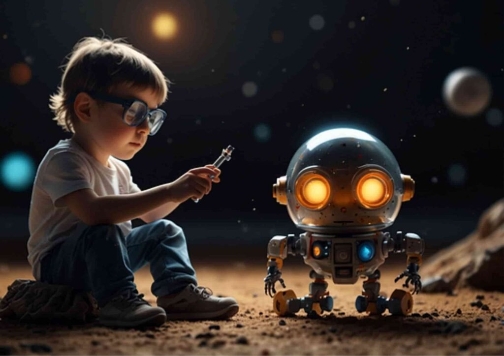 A child sits on the ground engaging with a glowing robot in a cosmic, star-filled environment symbolizing learning, and the guidance of a chemistry AI problem solvers