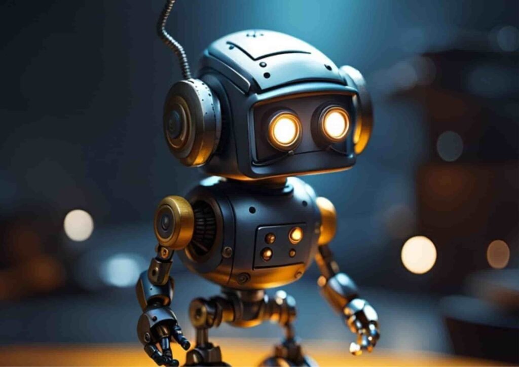 A stylized robot with glowing eyes and metallic limbs stands against a softly illuminated background, showcasing its futuristic design .symbolizing chemistry AI problem solvers