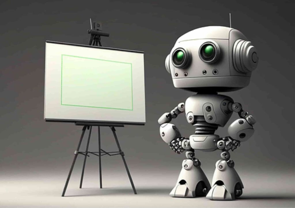 A cheerful robot stands beside a blank easel, ready for a presentation, with large green eyes .symbolizing chemistry AI problem solvers