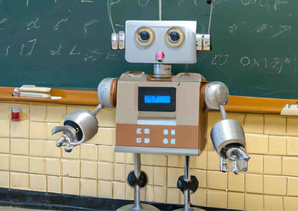 Retro-style robot standing in a classroom in front of a chalkboard with equations, symbolizing educational artificial intelligence and the 5 main types of AI you need to know.