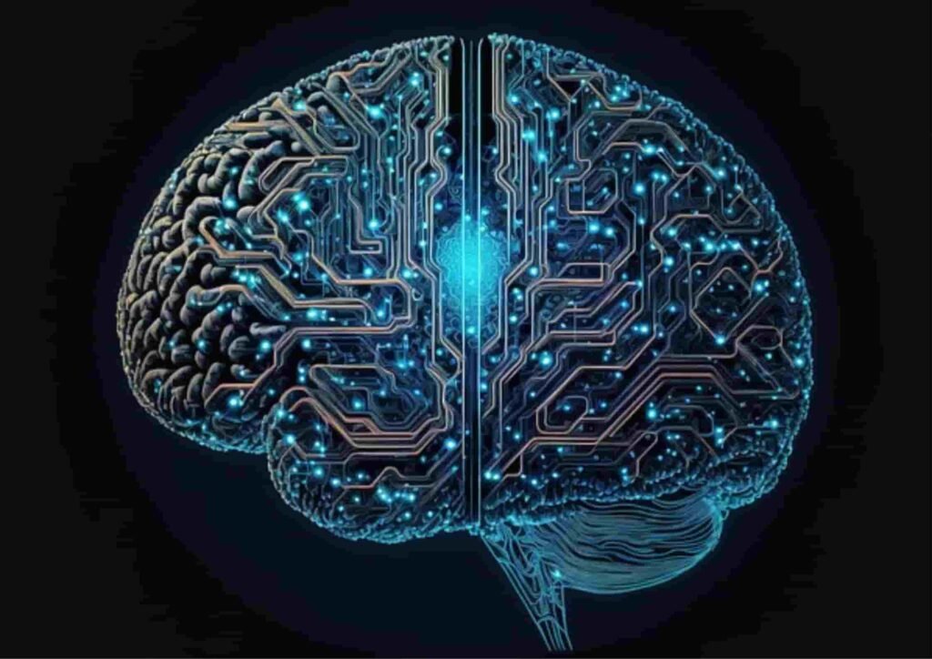 A digital illustration of a brain fused with circuitry and glowing blue elements, representing the concept of artificial general intelligence