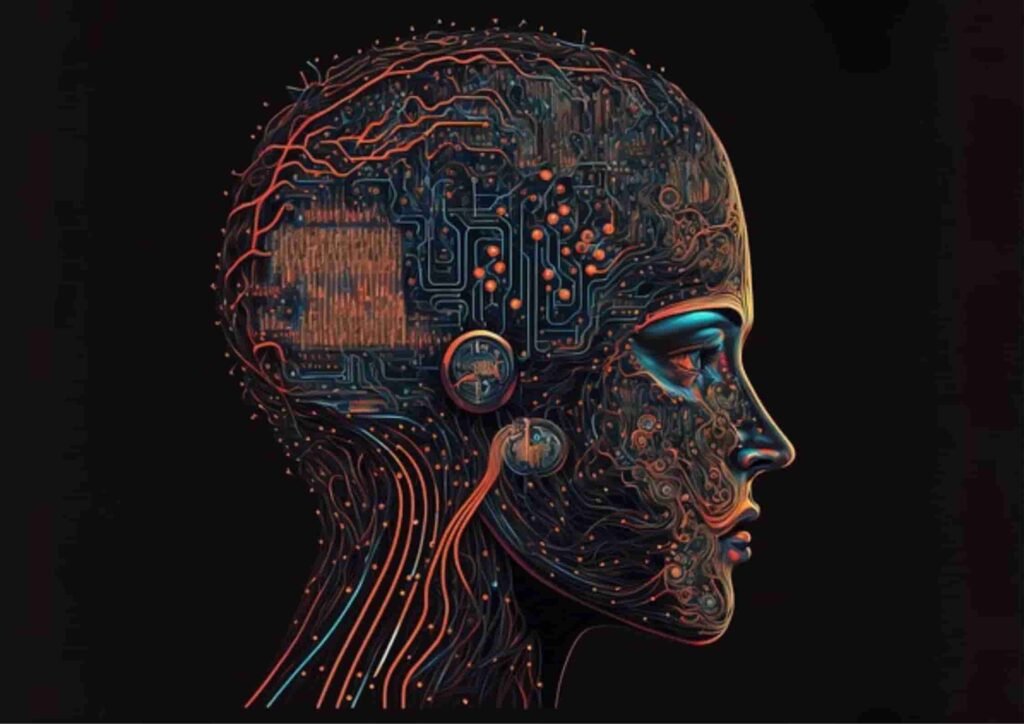 Futuristic side profile of a human head composed of glowing circuit lines and neural patterns, symbolizing artificial intelligence and machine learning concepts, representing the 5 main types of AI you need to know.