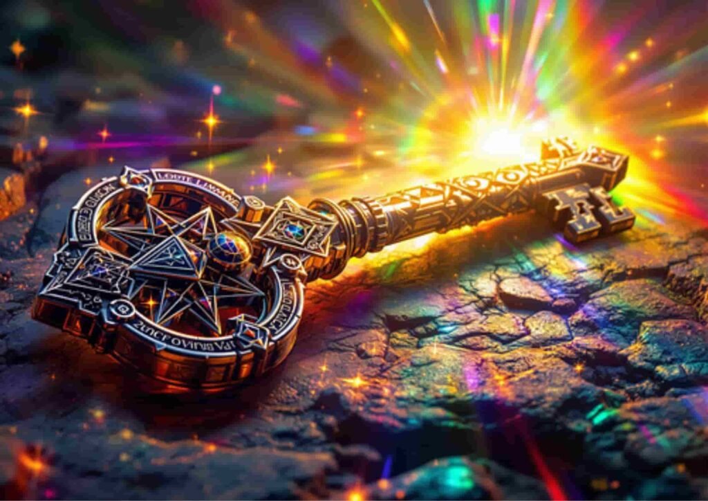 A highly detailed, ornate golden key decorated with glowing geometric symbols and gemstones rests on cracked ground, illuminated by vibrant rainbow light rays, symbolizing discovery and unlocking potential at AI Startup School.