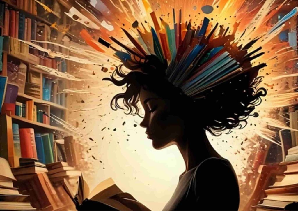 Within a library backdrop, a figure is encircled by an explosion of colorful pencils and flying books, symbolizing the creativity of AI Startup School.