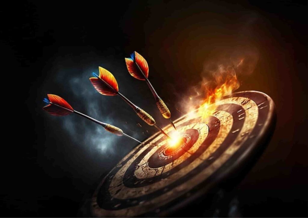 Three arrows strike the center of a flaming target with precision, symbolizing accuracy, performance, and focus, representing the key features of Fireworks AI, a cloud-based AI platform.