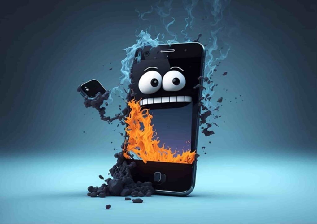 A cartoon-style smartphone character with wide, surprised eyes is shown overheating and breaking apart, with flames bursting from its screen, smoke and debris flying off, and blue energy crackling around it, symbolizing system overload illustrated for Fireworks AI, a cloud-based AI platform.