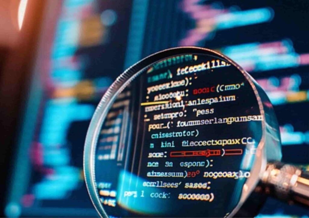 Close-up of a magnifying glass examining computer code on a screen, symbolizing AI brand visibility tools used to analyze data, algorithms, and brand performance.