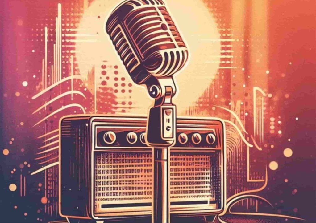 Vintage-style microphone in front of an audio amplifier with sound waves, symbolizing AI Voice generators and digital voice production technology.