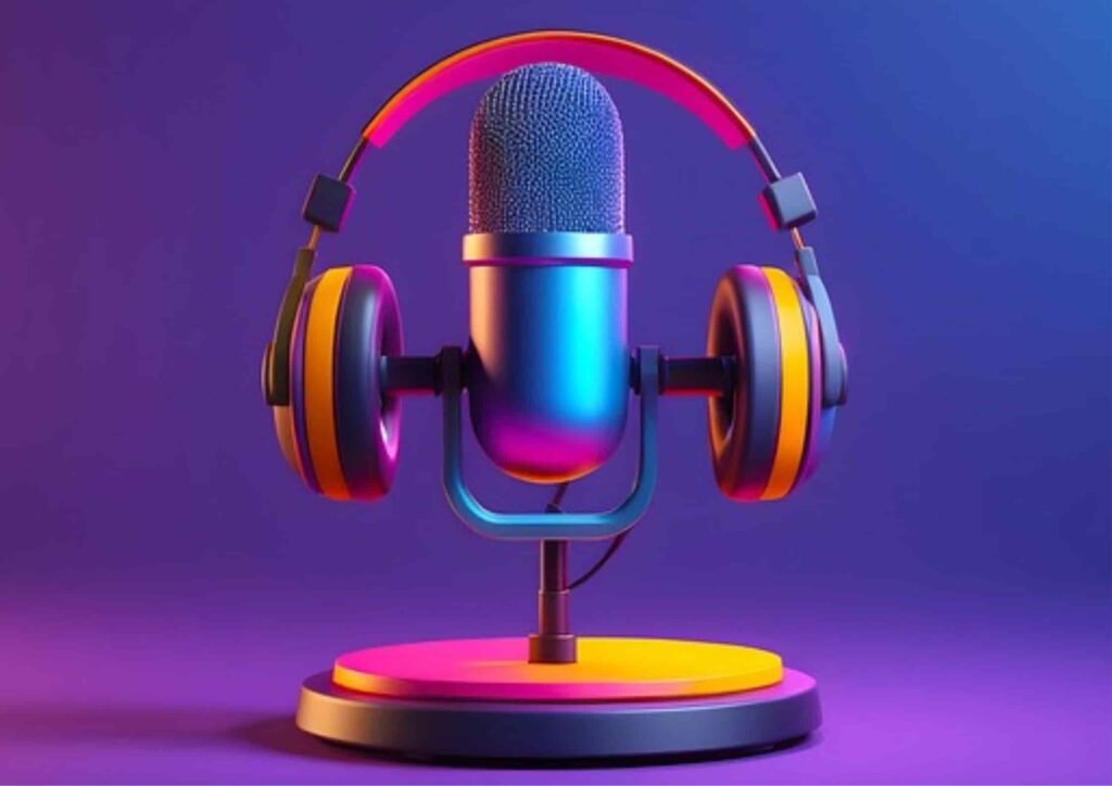 Modern studio microphone with colorful headphones on a stand, illustrating ai voice generators and advanced audio recording technology.