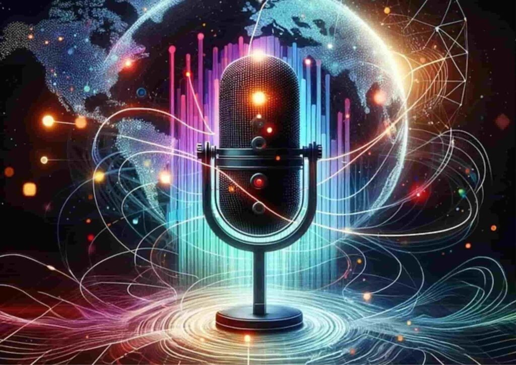 Futuristic microphone surrounded by digital sound waves and a glowing world map, representing AI voice generators for an audiobook and global audio content creation.