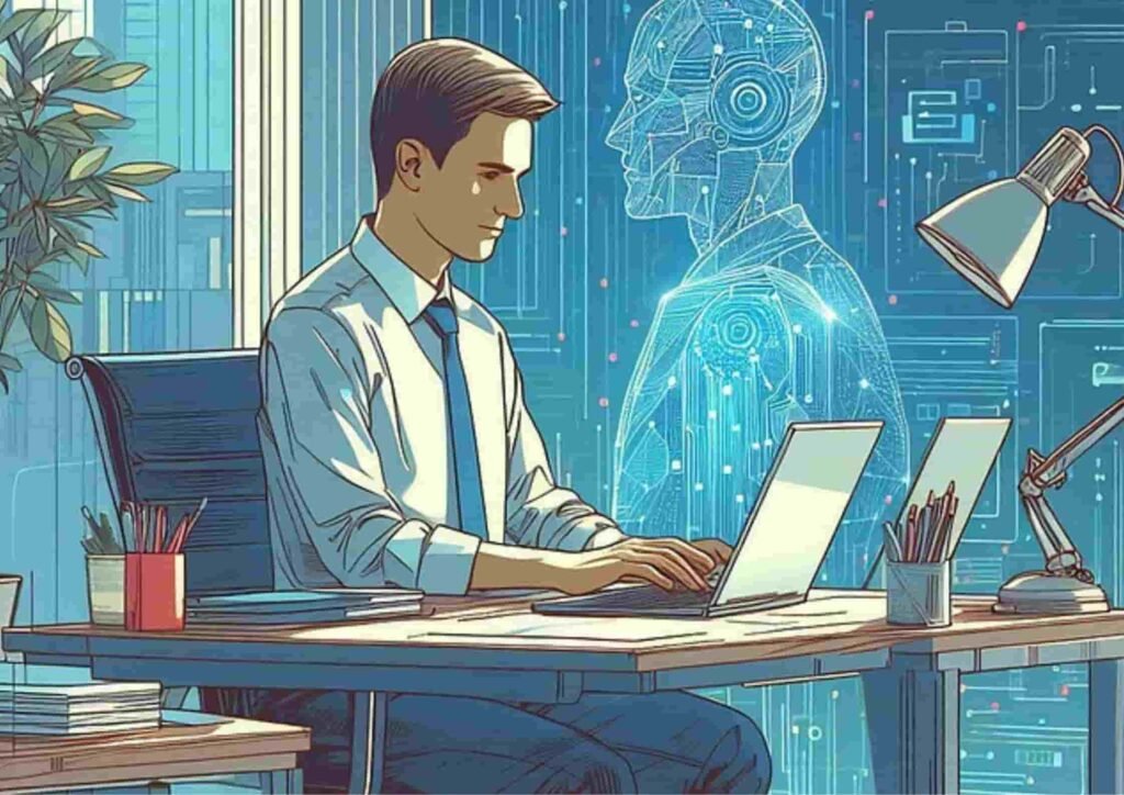 Professional working on a laptop with a holographic AI robot assistant, illustrating jasper ai vs copy ai performance comparison in modern content creation workflows