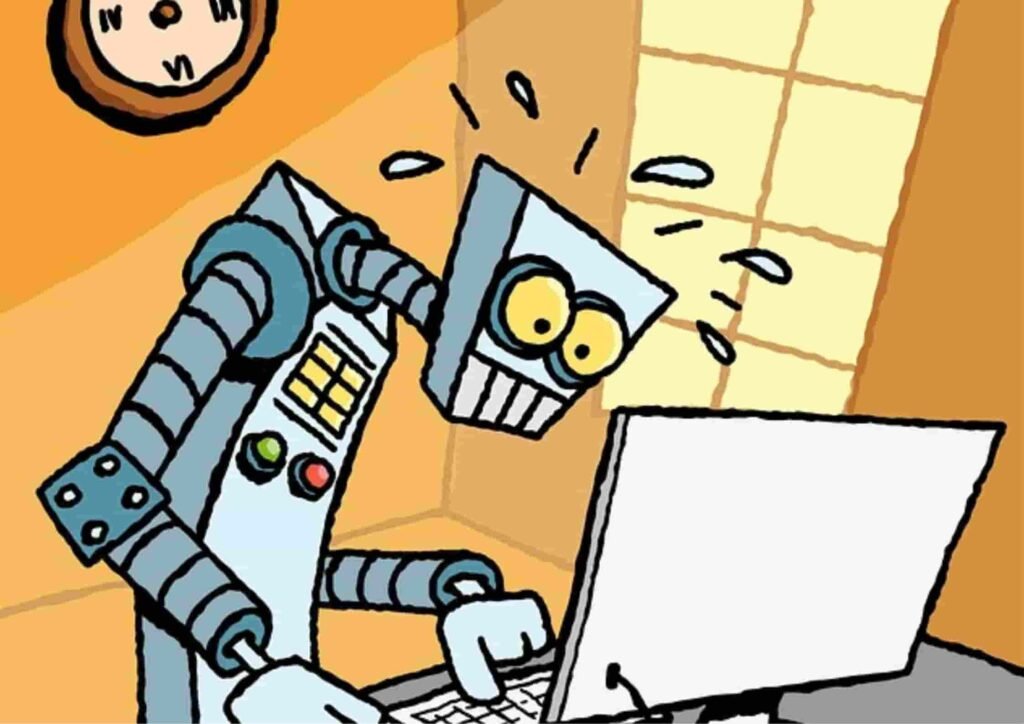 Anxious cartoon robot typing on a laptop in a cozy room, representing Jasper AI vs Copy AI comparison final verdict and AI writing tool performance