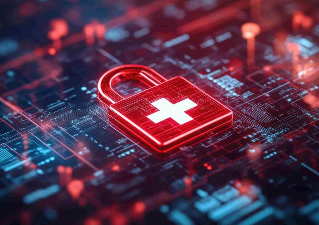 Red glowing padlock with a medical cross symbol on a digital circuit board, representing cyber security protection and data safety for everyday users.