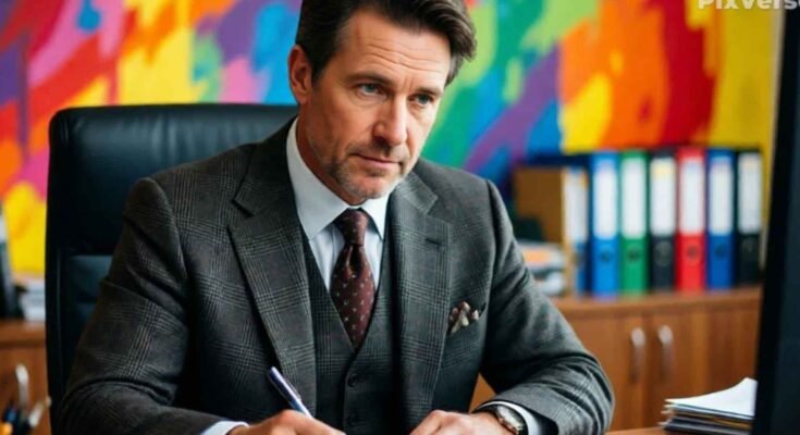 Professional portrait of claude edward elkins jr sitting at an office desk, wearing a gray three-piece suit and tie, writing on paper with a pen, with colorful abstract artwork and office binders in the background; this image is generated from Pixverse.Ai.