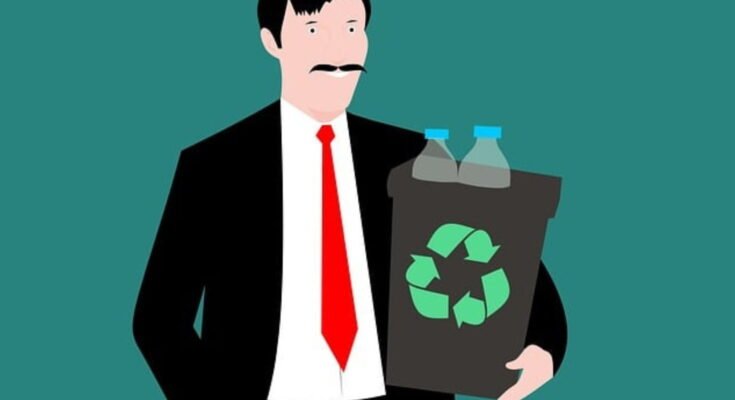 Illustration of a businessman holding a recycling bin with plastic bottles and a recycle symbol, representing MataRecycler and smart recycling solutions for waste management.
