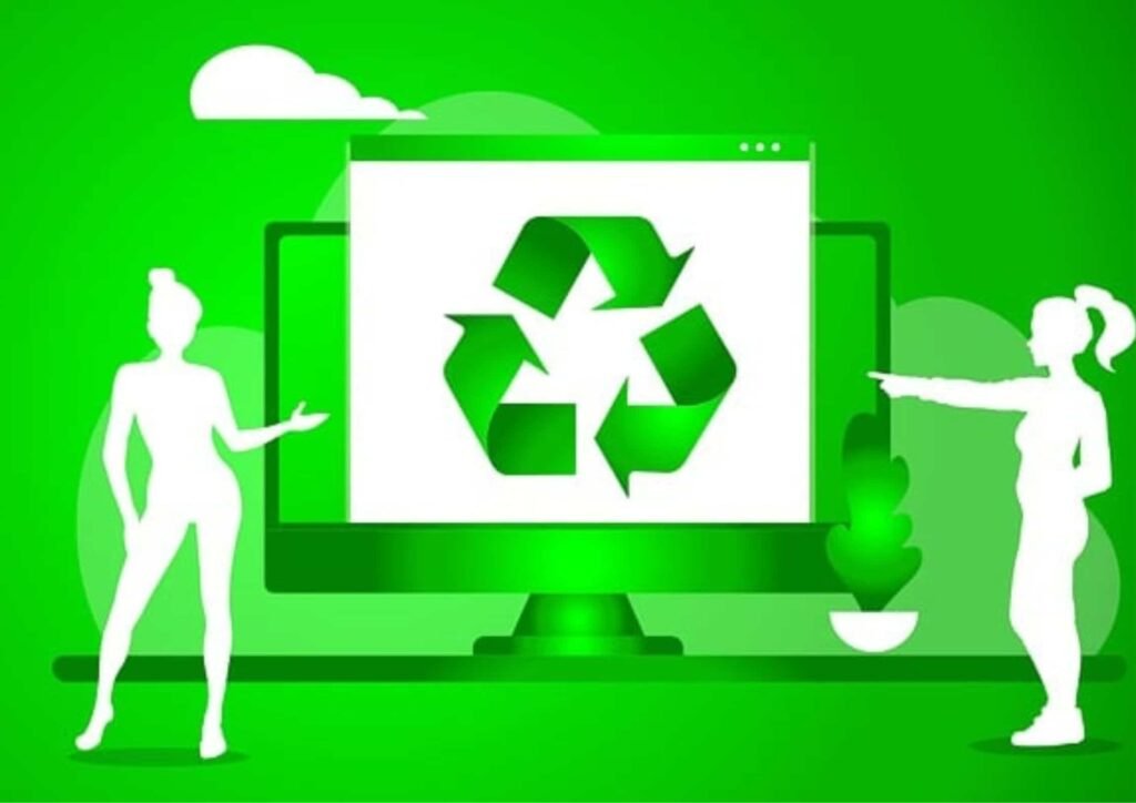 Illustration of a computer screen displaying a recycling symbol with two people pointing toward it, representing MataRecycler and smart digital solutions for modern recycling and sustainable waste management.