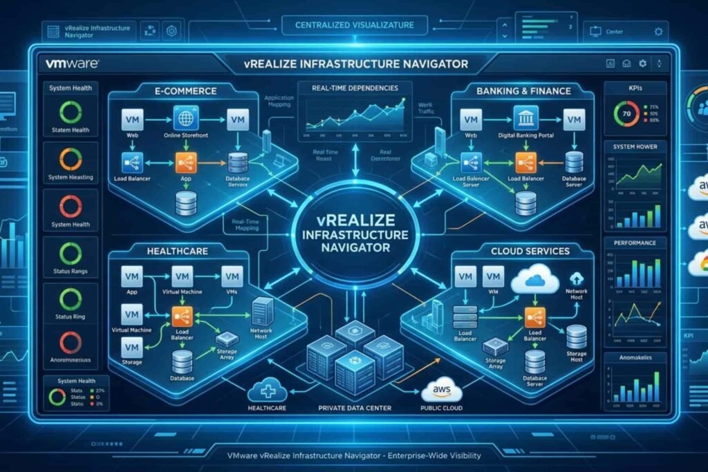 vRealize Infrastructure Navigator AI-generated diagram showing real-time infrastructure dependency mapping across cloud, healthcare, banking, and e-commerce systems.
