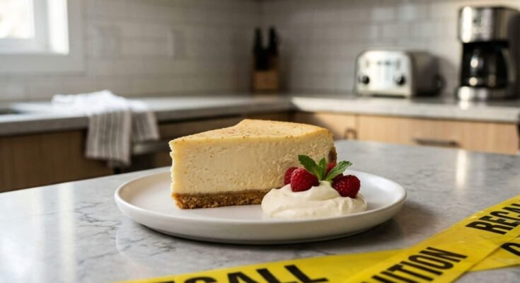 A slice of gourmet New York style king cheesecake with fresh raspberries on a white plate, positioned behind yellow "CAUTION" and "RECALL" warning tape in a modern kitchen setting.