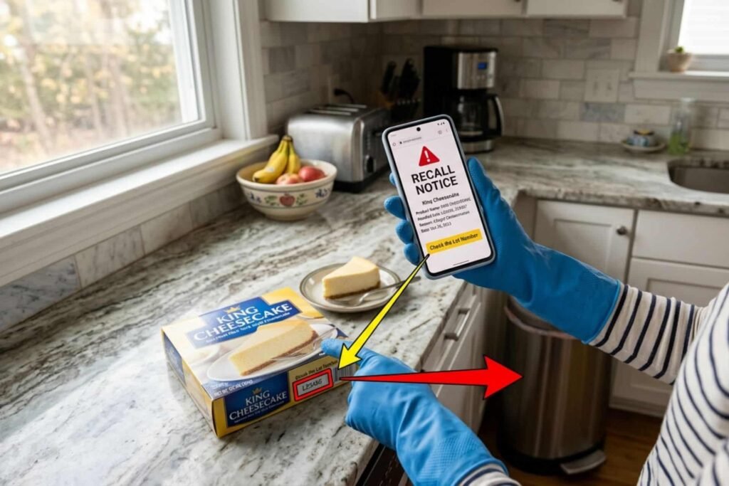 A person wearing blue safety gloves in a kitchen holding a smartphone displaying a "RECALL NOTICE" for king cheesecake, while pointing an arrow toward the lot number on a king cheesecake box to illustrate how to check for a recalled product.