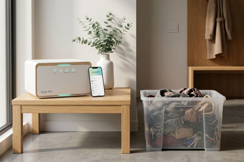 A side-by-side product comparison in a sunlit modern entryway. On the left, a sleek, premium Slylar Box sits organized on a wooden side table next to a smartphone displaying the Slylar Box app and a vase of eucalyptus. The device features a minimalist white and wood finish with glowing green smart-status icons for Wi-Fi and temperature. In sharp contrast, on the floor to the right sits a basic, messy plastic storage bin overflowing with unorganized clothes and tangled keys. This lifestyle photograph highlights the Slylar Box as a superior, high-tech organization gadget compared to traditional storage solutions, emphasizing a clean and efficient modern home aesthetic.