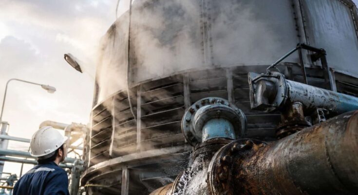 Cooling tower problems shown in an industrial facility, with visible steam leaks, corroded pipes, and a maintenance worker inspecting the cooling tower system for overheating and water leakage issues