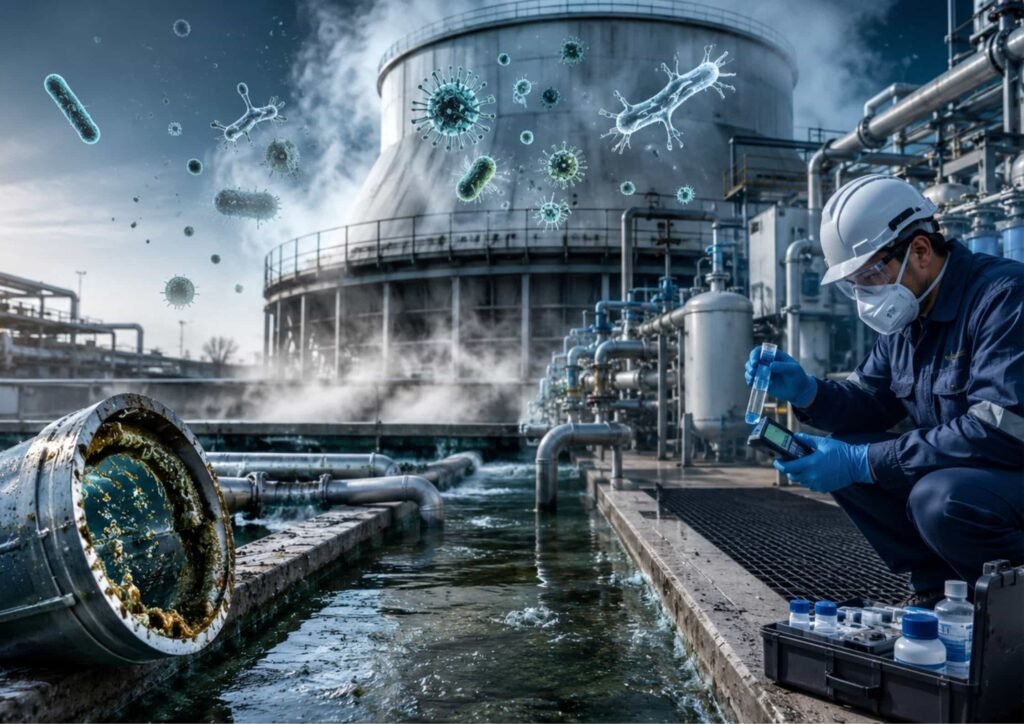 Cooling tower problems caused by biological contamination and Legionella risk in an industrial cooling tower system with mist, contaminated water, corroded pipes, and engineer inspecting water treatment equipment.