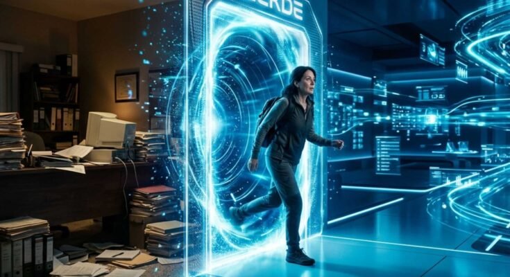 Photo depicting a woman with a backpack stepping out of a messy, old office full of paper files through a glowing neon blue portal into a bright, sleek digital space with cascading cyan data flows, with the word "SEEKDE" displayed above the entrance.