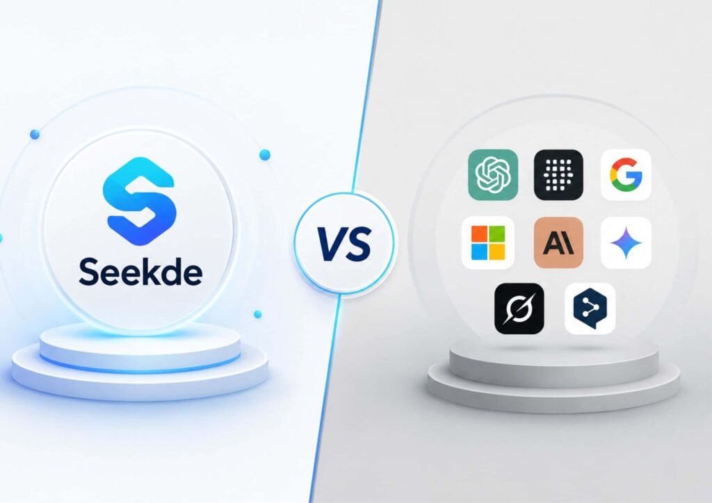 A comparison graphic showing the Seekde logo on the left versus logos of various AI tools, including ChatGPT and Google, on the right.