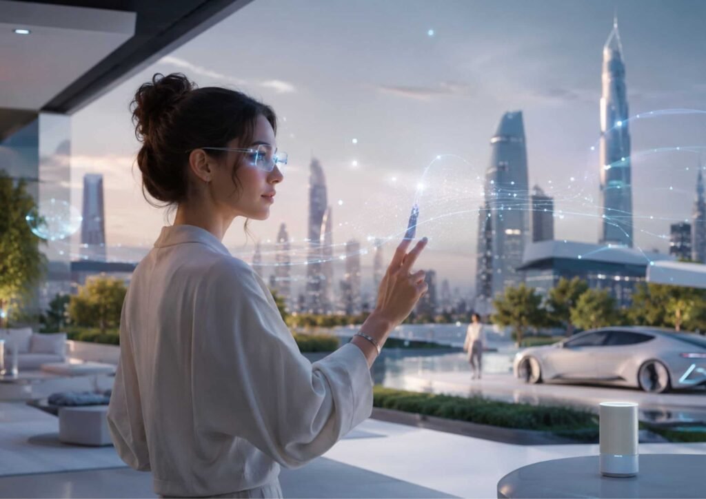 The Future Beyond Smartphones Tech Giants Envision a seamless AI-powered world where a woman interacts with invisible digital assistants, ambient holographic interfaces, and smart wearable technology in a futuristic city without smartphones.