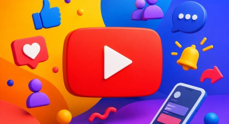 YouTube social media concept illustration featuring a large red play button surrounded by likes, comments, followers, notifications, and a smartphone interface. Colorful 3D digital artwork with vibrant blue, purple, orange, and yellow gradients representing online engagement, content creation, community interaction, and social networking.