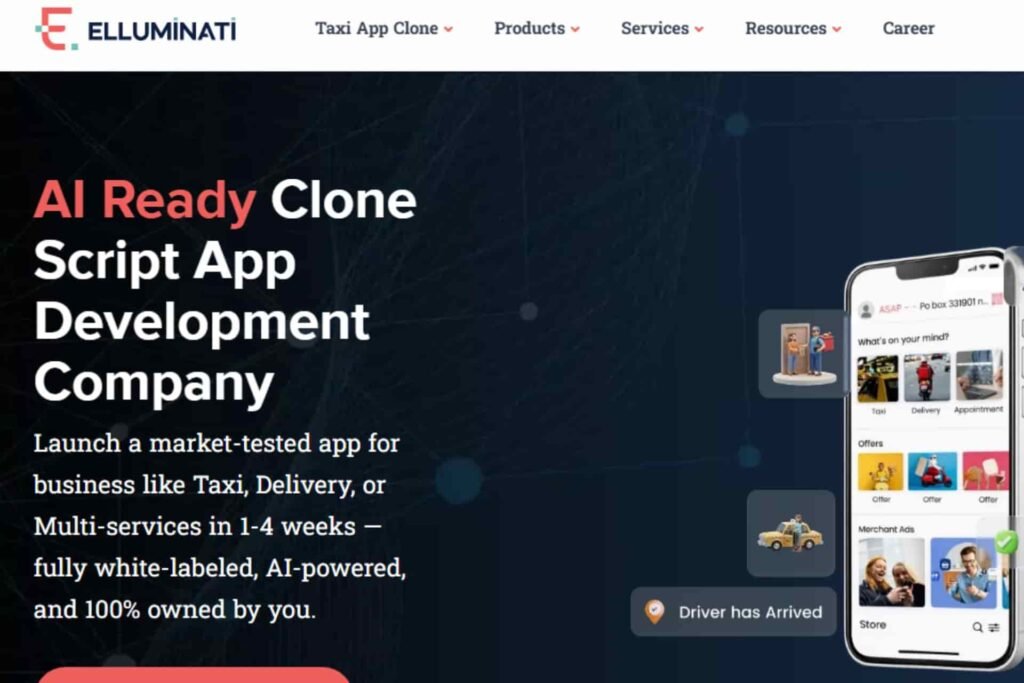 Elluminati homepage screenshot showing the text "AI Ready Clone Script App Development Company" next to a smartphone mockup displaying a multi-service taxi and delivery application interface.