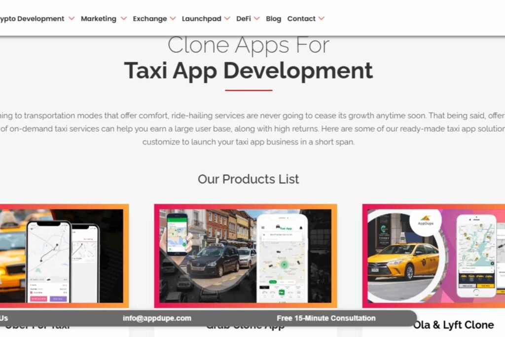 Screenshot of the AppDupe website section titled "Clone Apps For Taxi App Development" displaying a product list of ready-made ride-hailing app solutions with smartphone mockups.