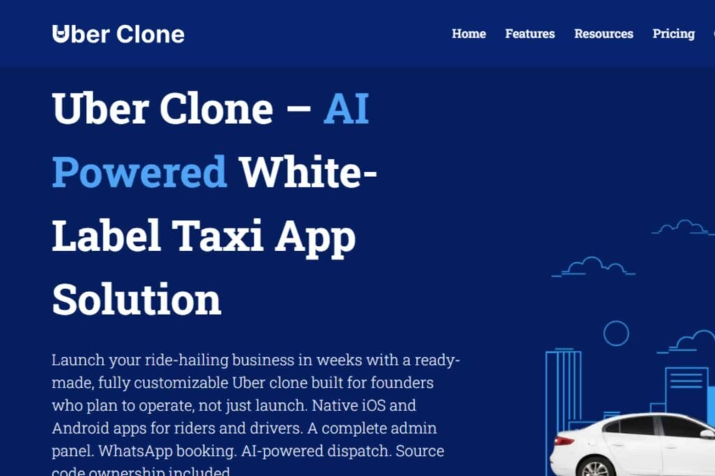 Screenshot of the Uber Clone homepage featuring the headline "Uber Clone – AI Powered White-Label Taxi App Solution" on a dark blue background with introductory text and a white car graphic.